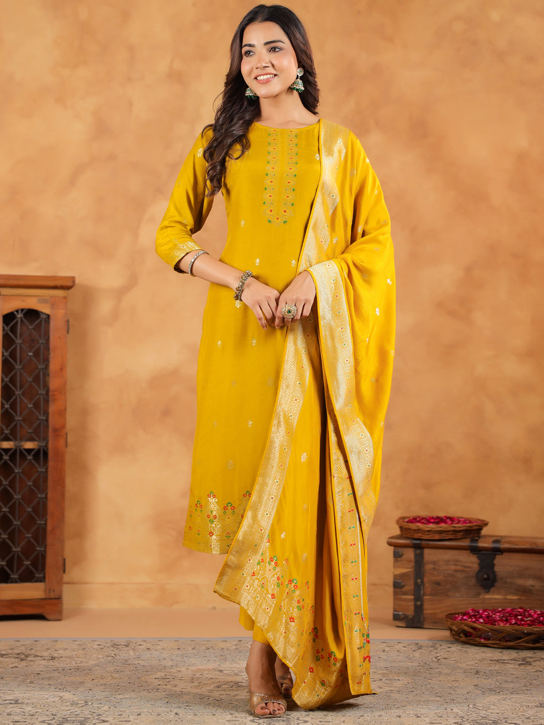 Mustard Silk Blend Jacquard Paithani Style Straight Kurta Set