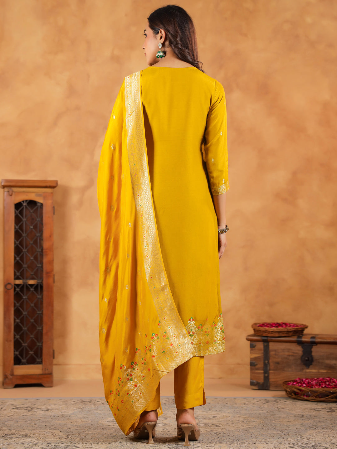 Mustard Silk Blend Jacquard Paithani Style Straight Kurta Set