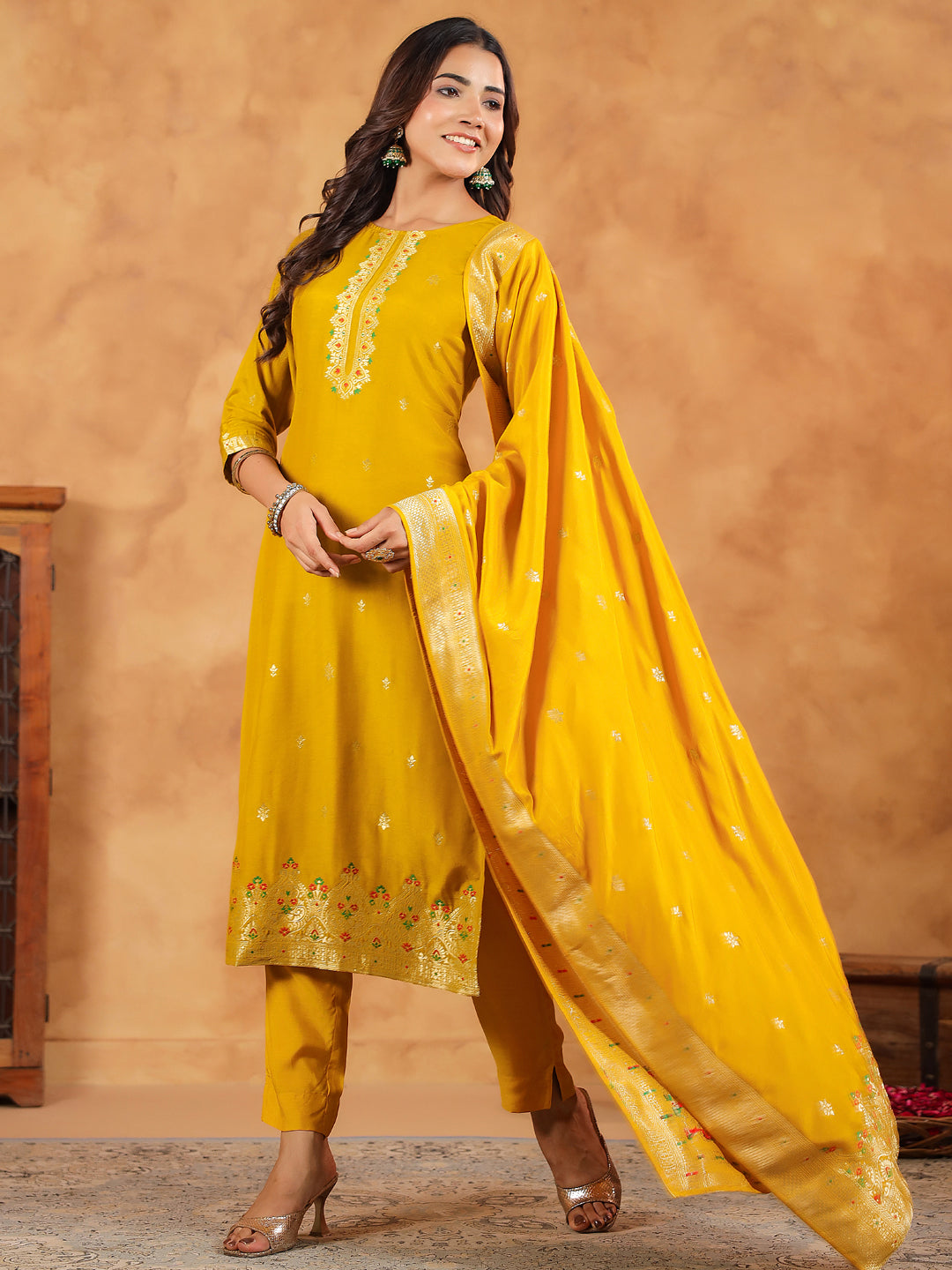 Mustard Silk Blend Jacquard Paithani Style Straight Kurta Set