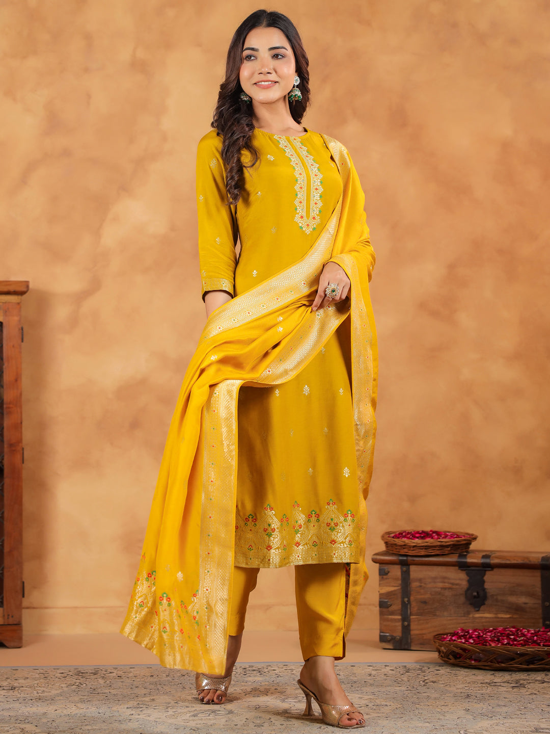 Mustard Silk Blend Jacquard Paithani Style Straight Kurta Set