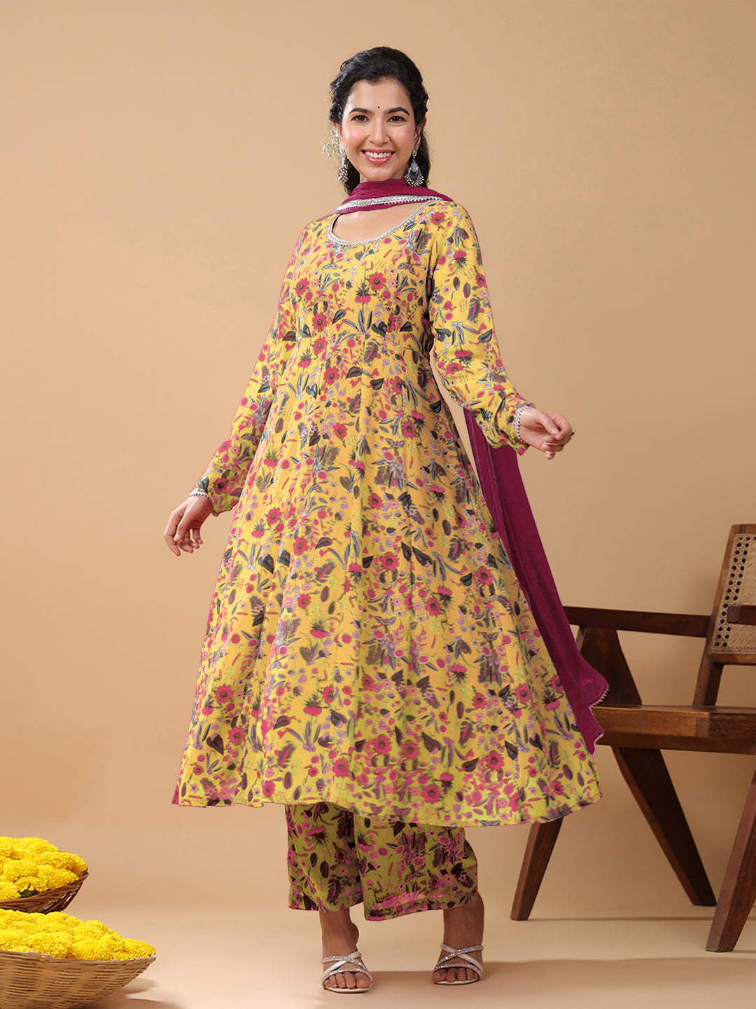 Mustard Georgette Floral Printed Anarkali Kurta With Palazzo & Dupatta Set