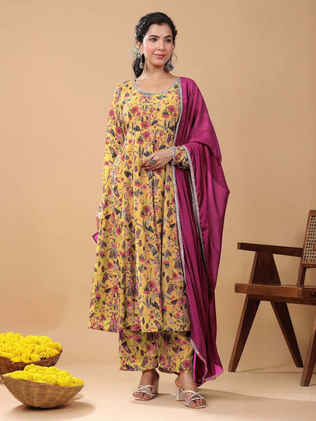Mustard Georgette Floral Printed Anarkali Kurta With Palazzo & Dupatta Set