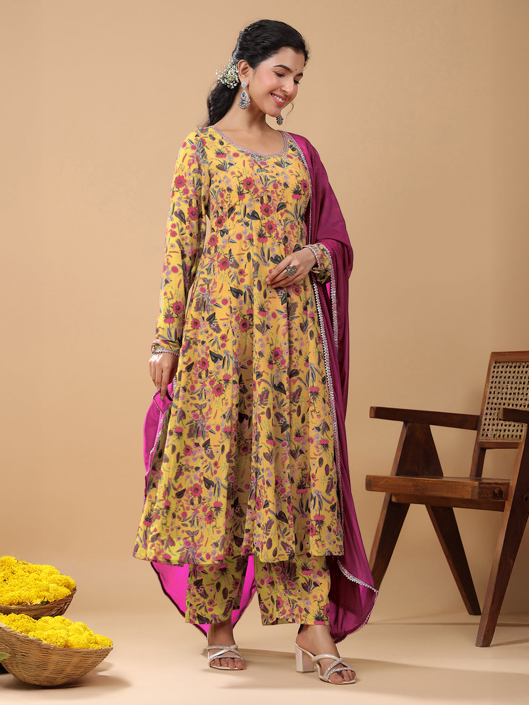 Mustard Georgette Floral Printed Anarkali Kurta With Palazzo & Dupatta Set