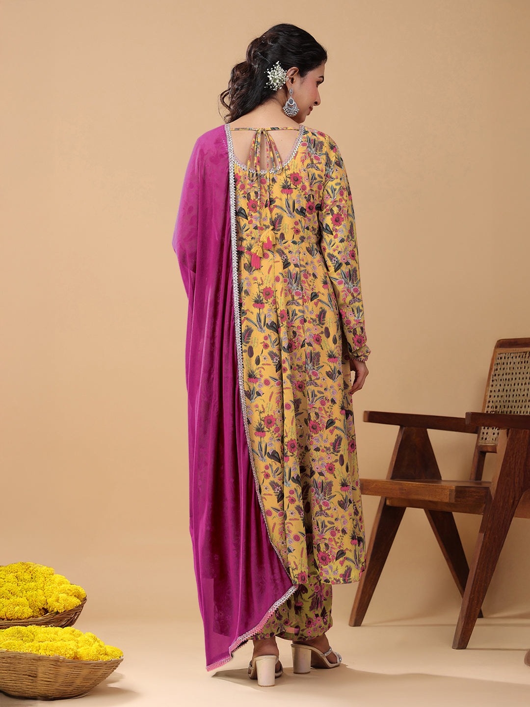 Mustard Georgette Floral Printed Anarkali Kurta With Palazzo & Dupatta Set