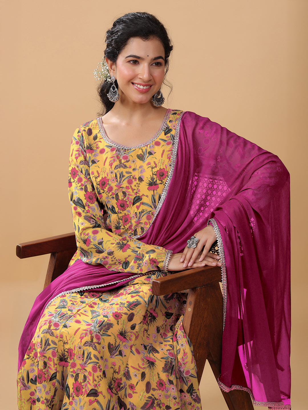 Mustard Georgette Floral Printed Anarkali Kurta With Palazzo & Dupatta Set
