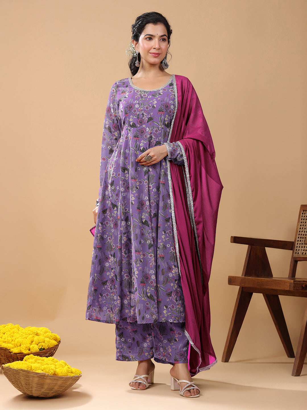 Lavender Georgette Floral Printed A-line Kurta Set