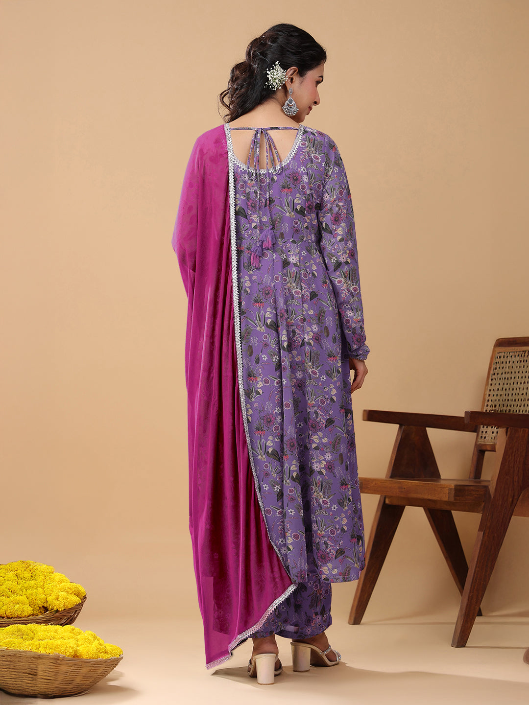 Lavender Georgette Floral Printed A-line Kurta Set