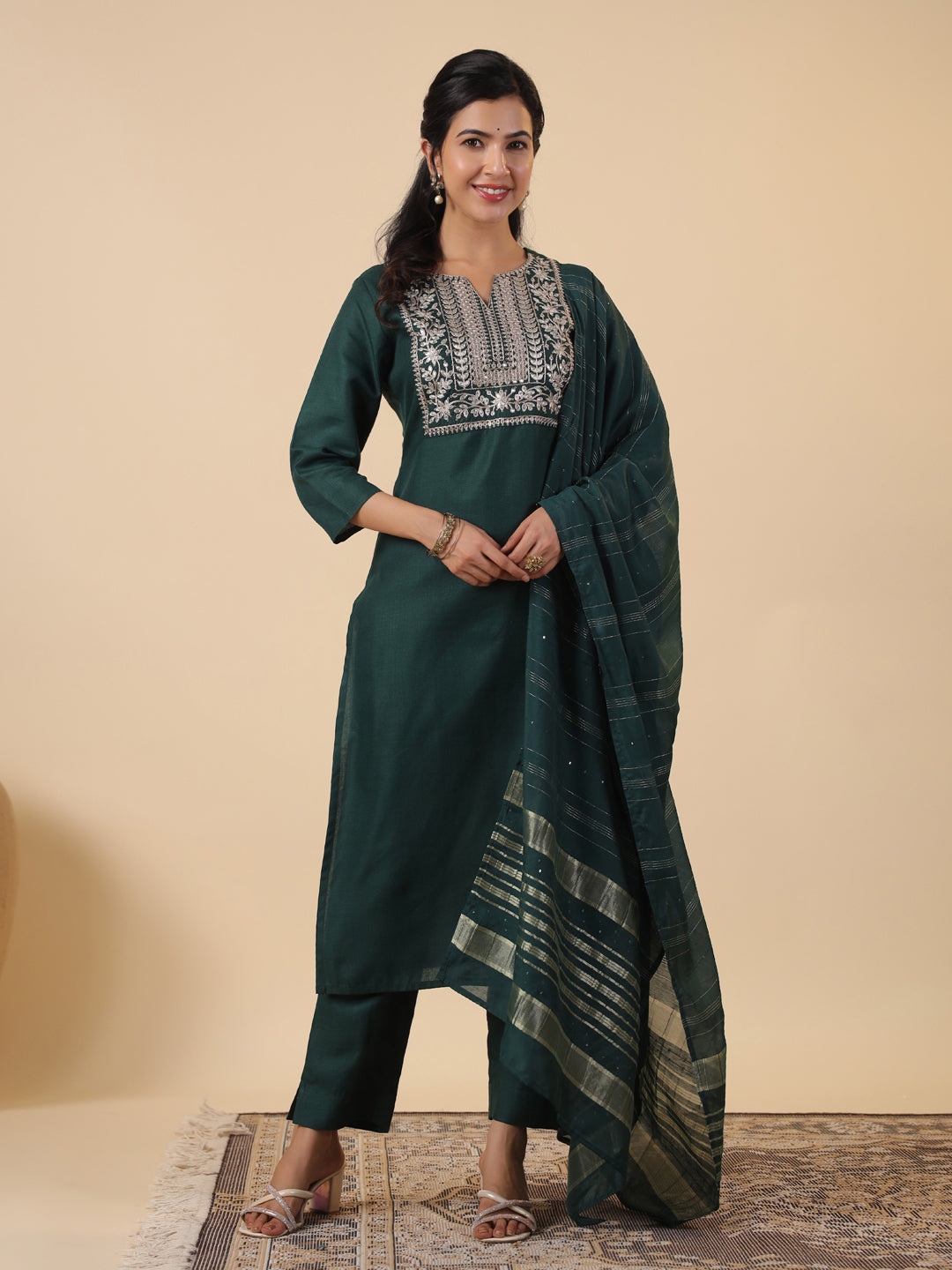 Dark Green Cotton Blend Yoke Embroidery Straight Kurta Set