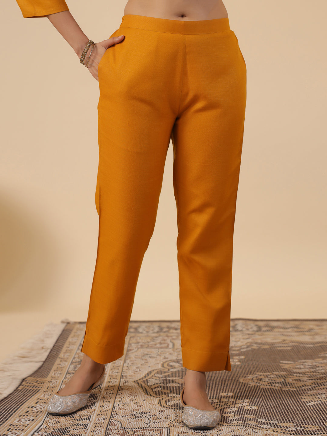 Mustard Cotton Blend Yoke Embroidered Straight Kurta Set