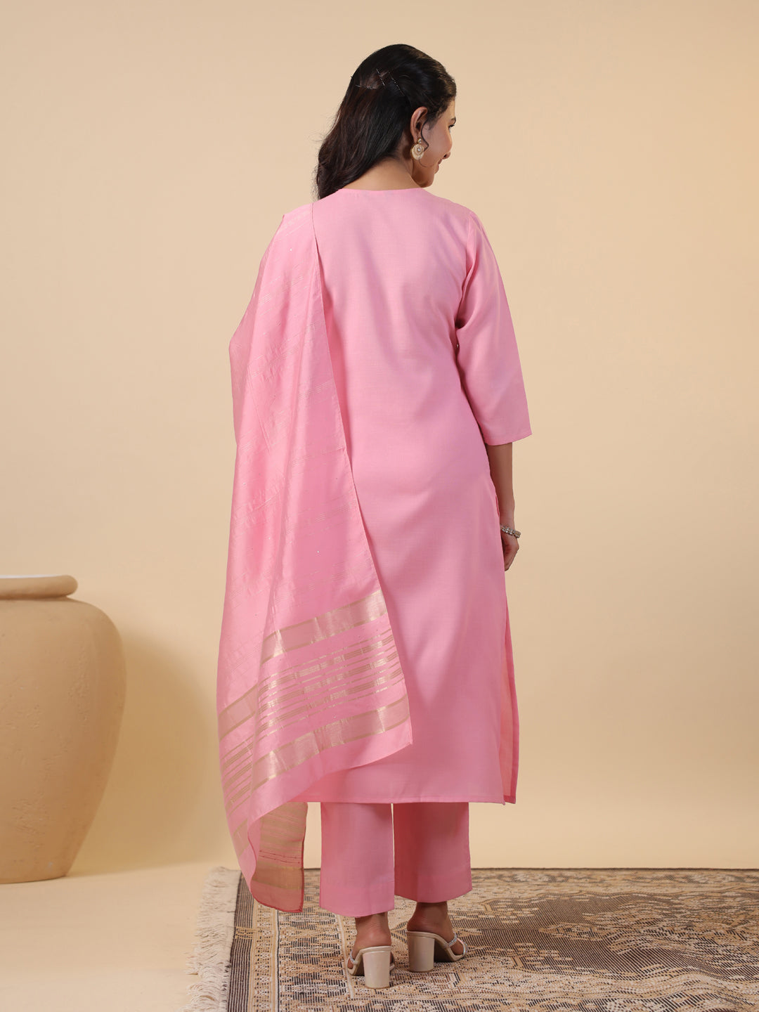 Pink Cotton Blend Yoke Embroidery Straight Kurta Set