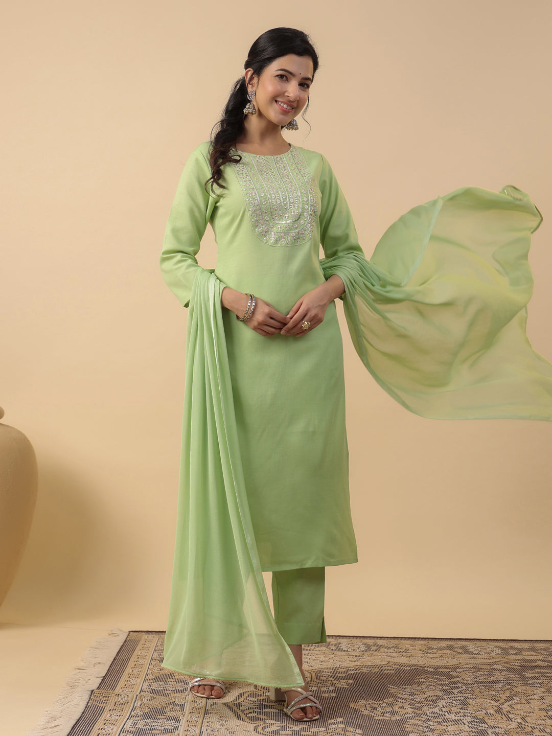 Light Green Cotton Blend Yoke Embroidered Straight Kurta Set
