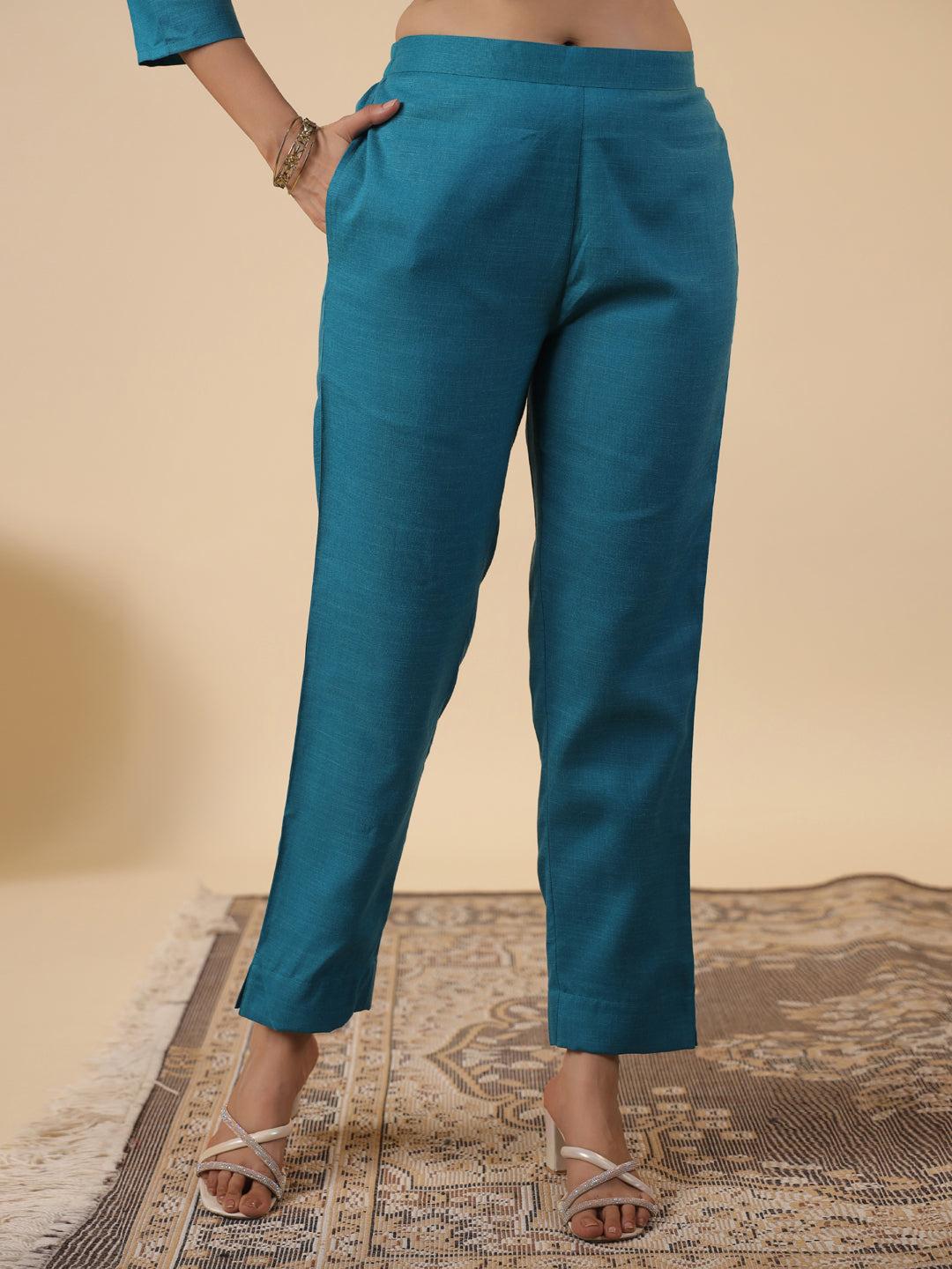 Teal Blue Cotton Blend Yoke Embroidery Straight Kurta Set
