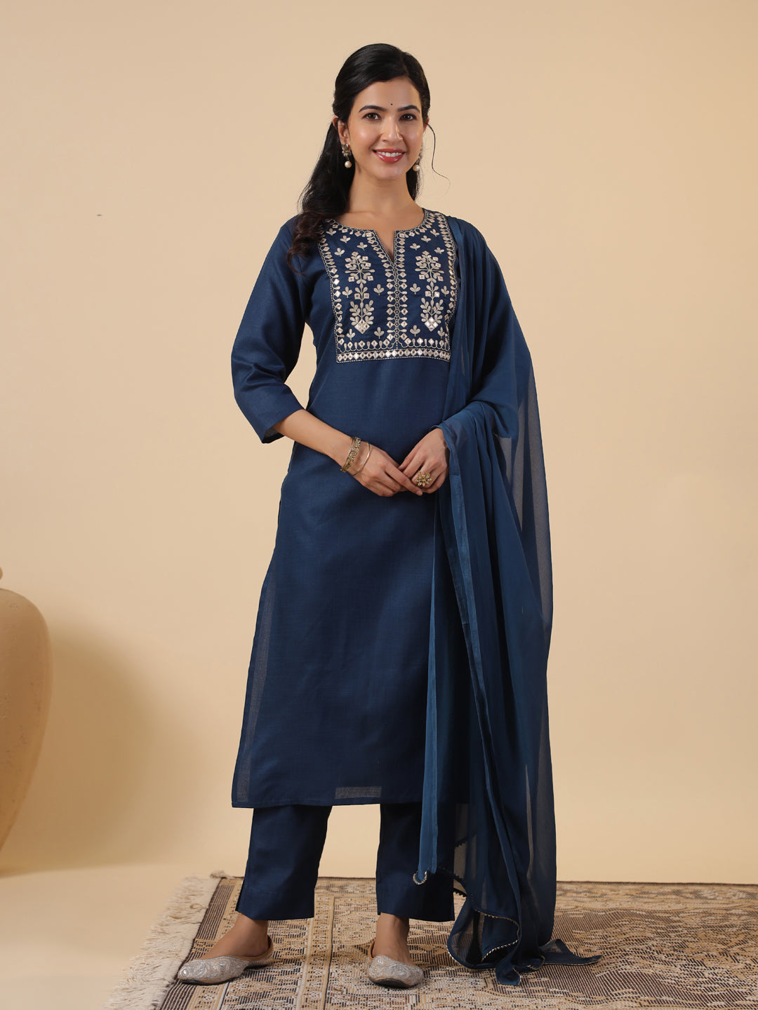 Teal Blue Cotton Blend Yoke Embroidered Straight Kurta Set
