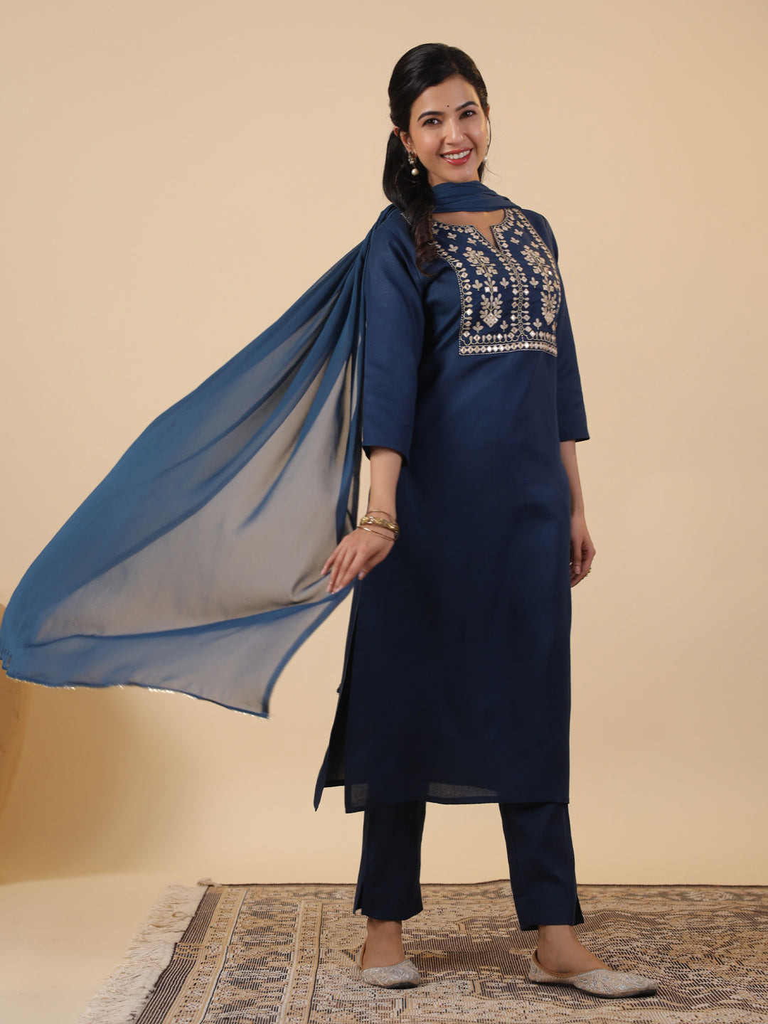 Teal Blue Cotton Blend Yoke Embroidered Straight Kurta Set