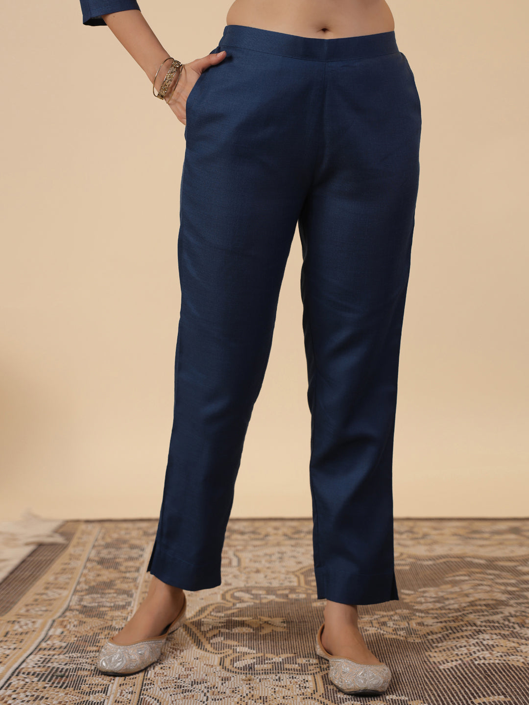 Teal Blue Cotton Blend Yoke Embroidered Straight Kurta Set