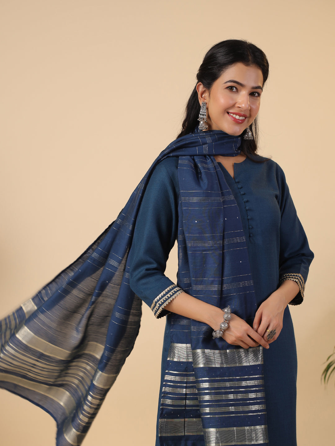 Teal Blue Cotton Blend Solid Straight Kurta Set