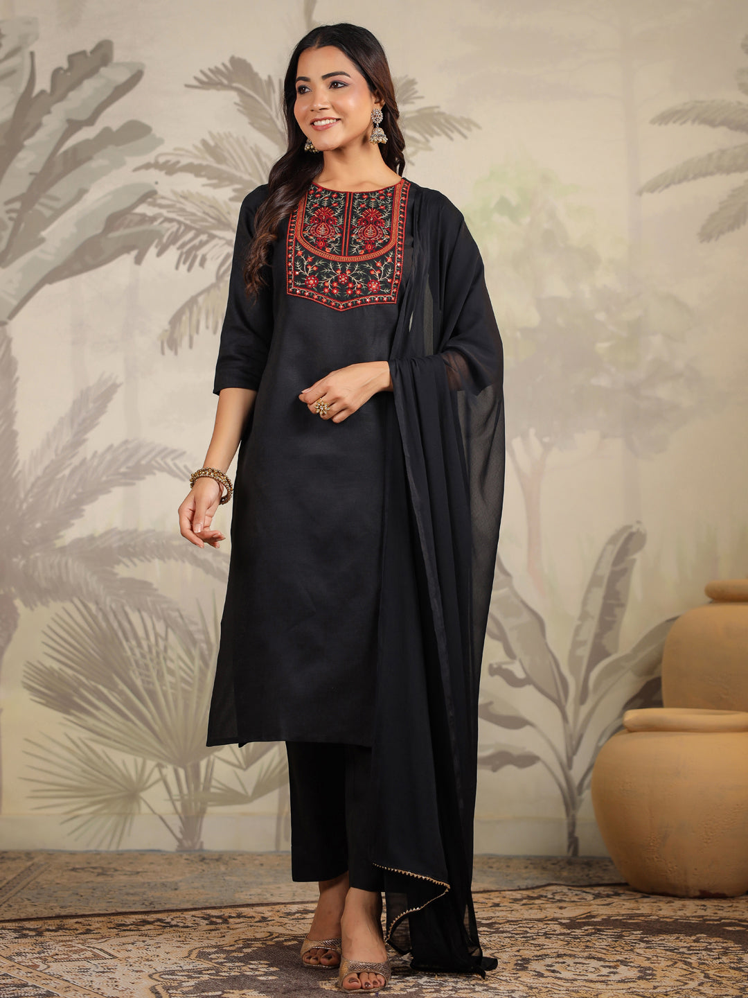 Black Cotton Blend Yoke Embroidered Straight Kurta Set