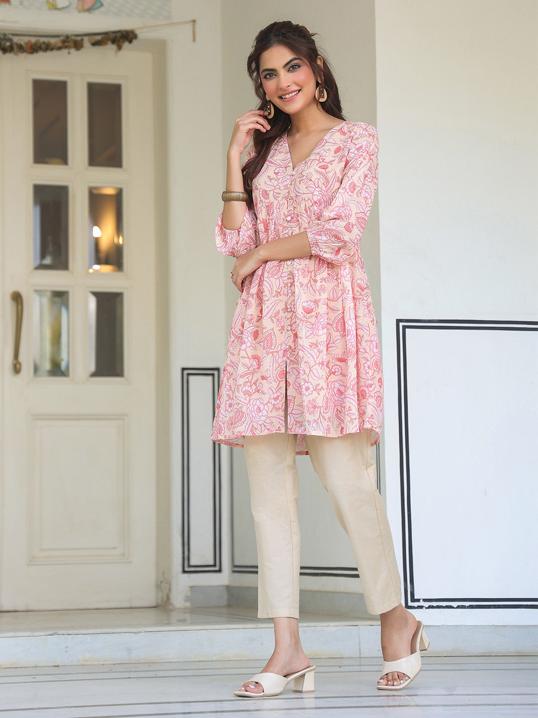 Peach Georgette Floral Printed Gathered Tunic