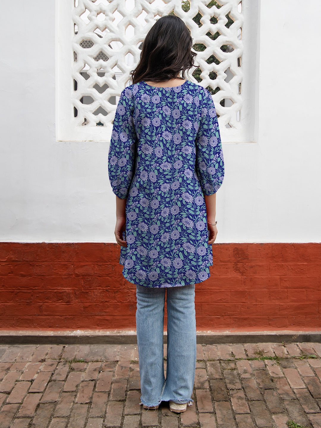 Blue Georgette Floral Printed A-line Tunic