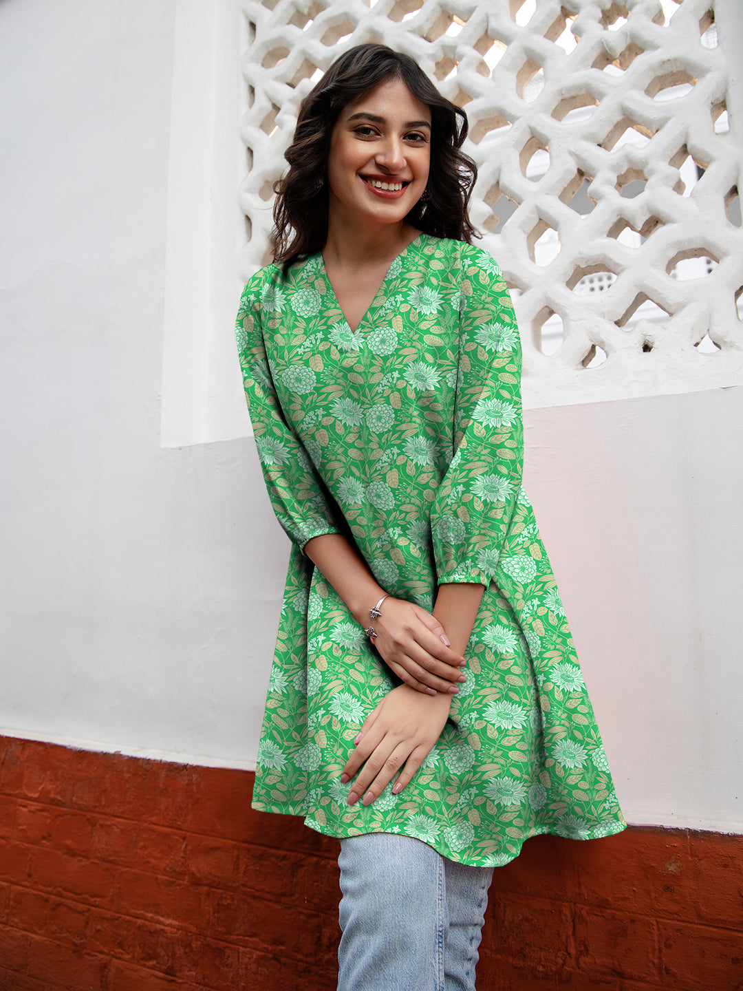 Green Georgette Floral Printed A-Line Tunic