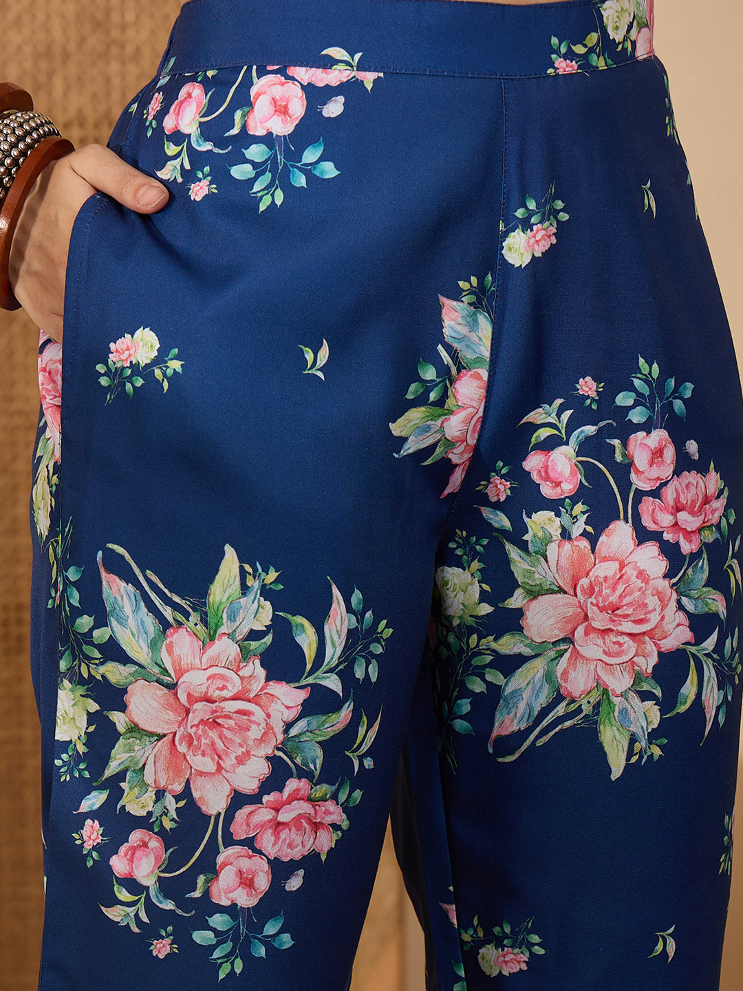 Janasya Women's Blue Rayon Blend Floral Printed Straight Co-ord Set