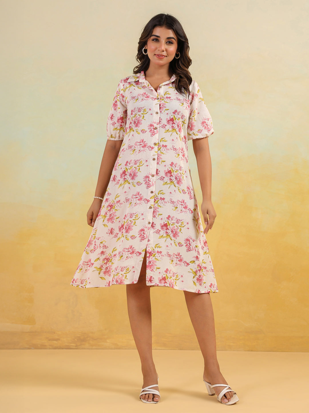 Janasya Women's Off White Linen Cotton Floral Printed A-line Button Down Shirt Dress