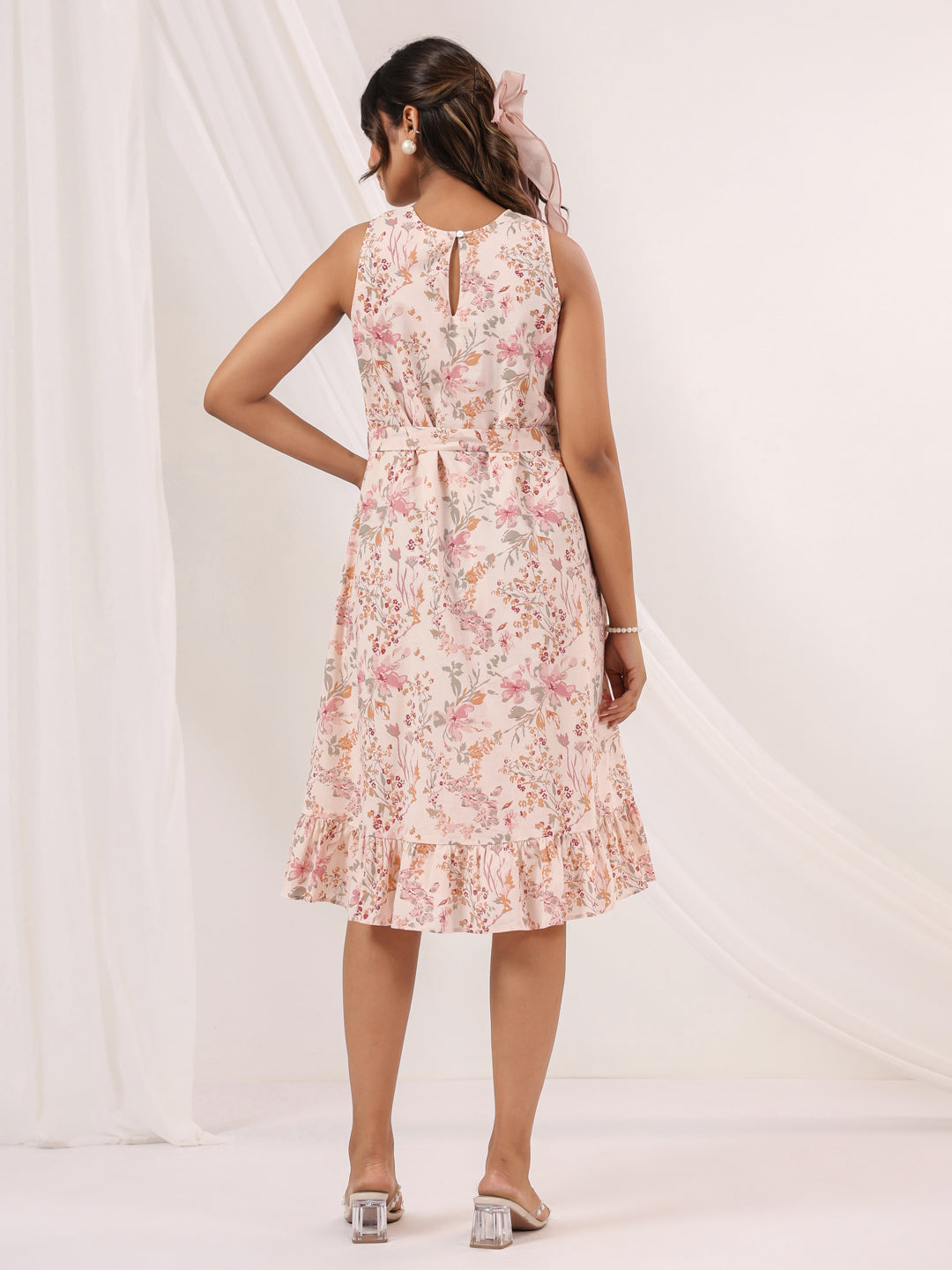 Janasya Women's Peach Pure Cotton Floral Printed A-line Dress