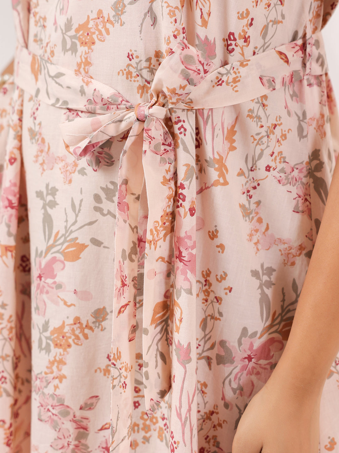 Janasya Women's Peach Pure Cotton Floral Printed A-line Dress
