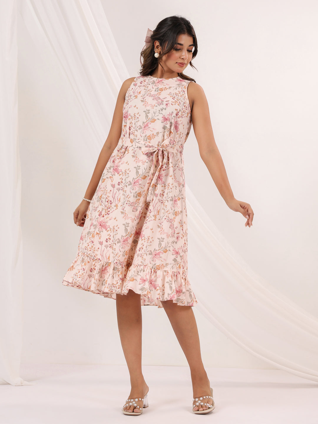 Janasya Women's Peach Pure Cotton Floral Printed A-line Dress