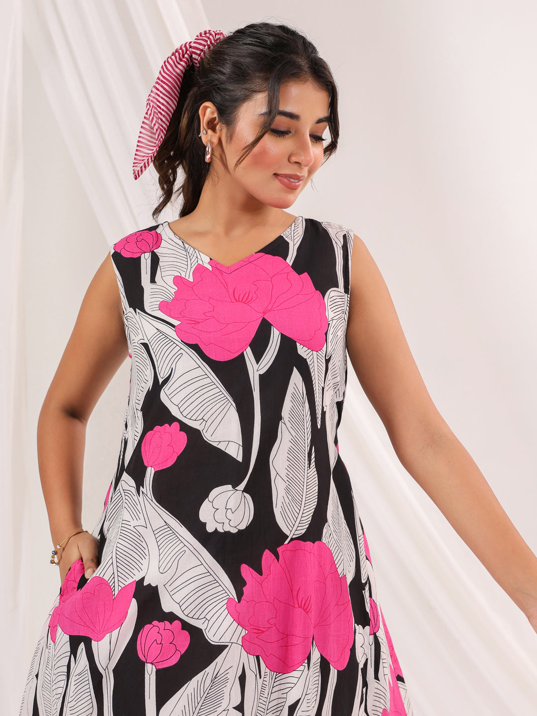 Janasya Women's Black Pure Cotton Floral Printed Handkerchief Dress