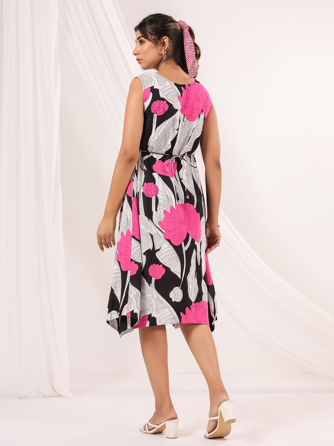 Janasya Women's Black Pure Cotton Floral Printed Handkerchief Dress