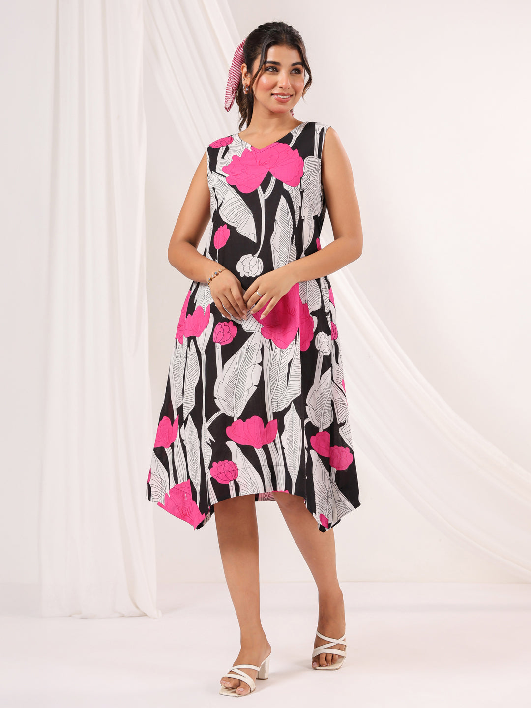 Janasya Women's Black Pure Cotton Floral Printed Handkerchief Dress
