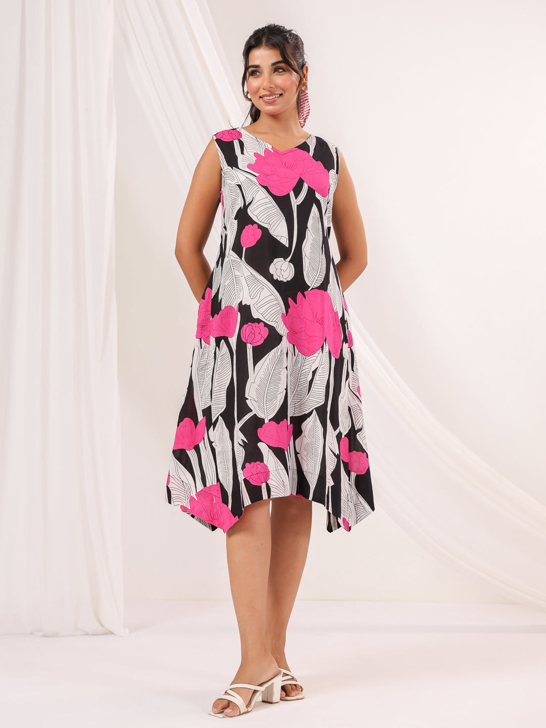 Janasya Women's Black Pure Cotton Floral Printed Handkerchief Dress