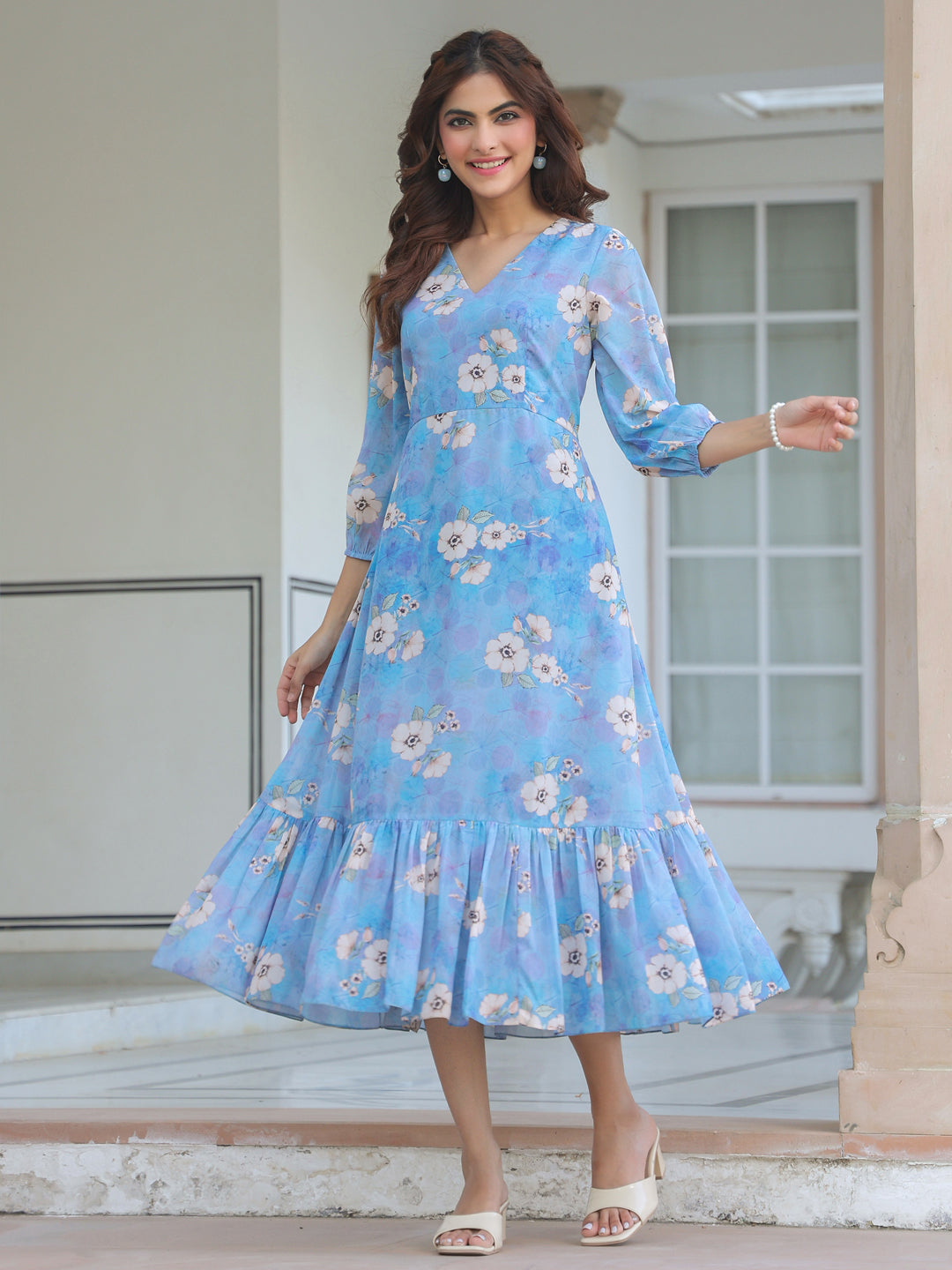 Blue Georgette Floral Printed A-line Dress – Threadbucket Studio LLP