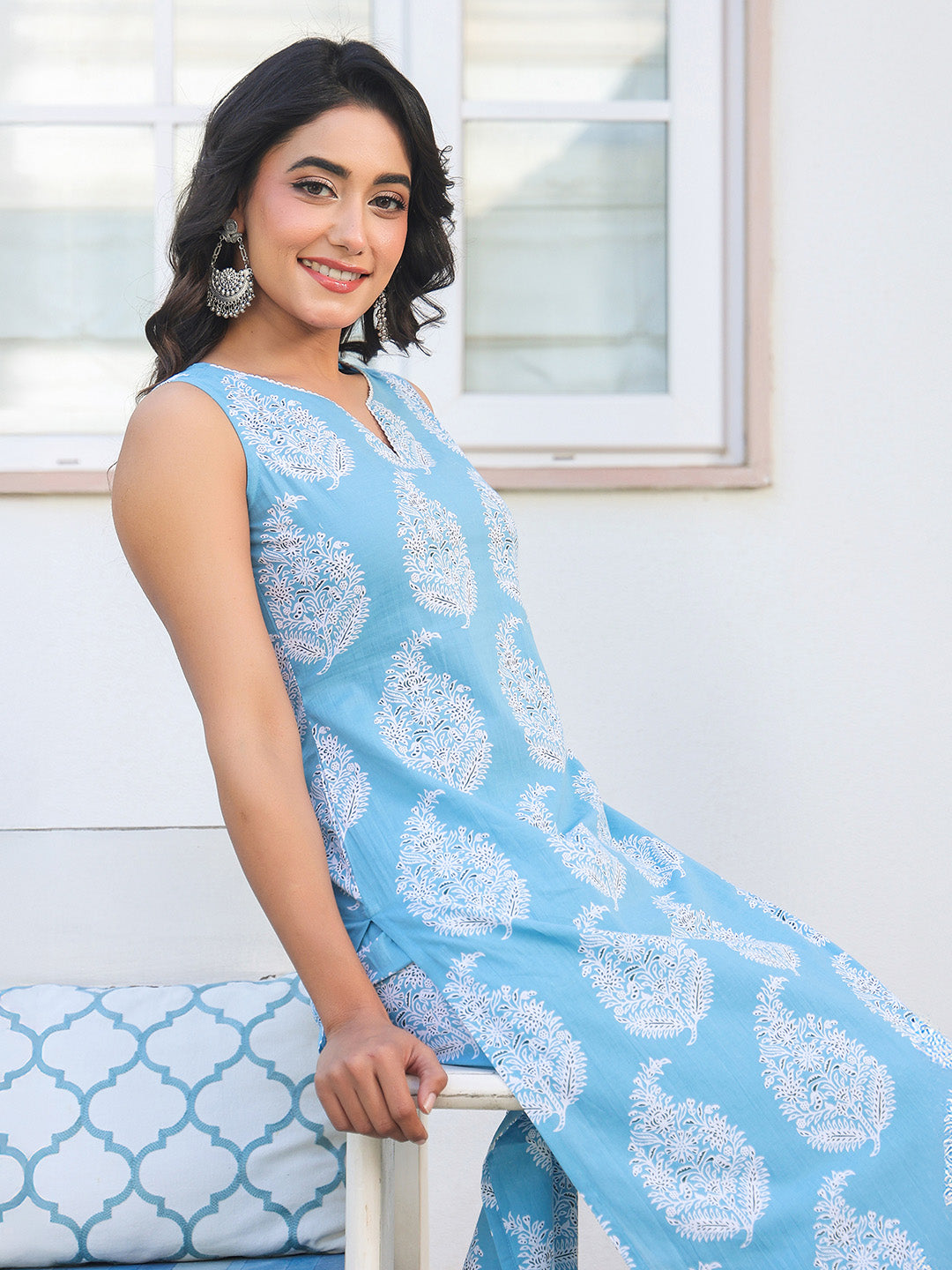Sky Blue Pure Cotton Ethnic Motifs Printed Straight Kurta Pant Set