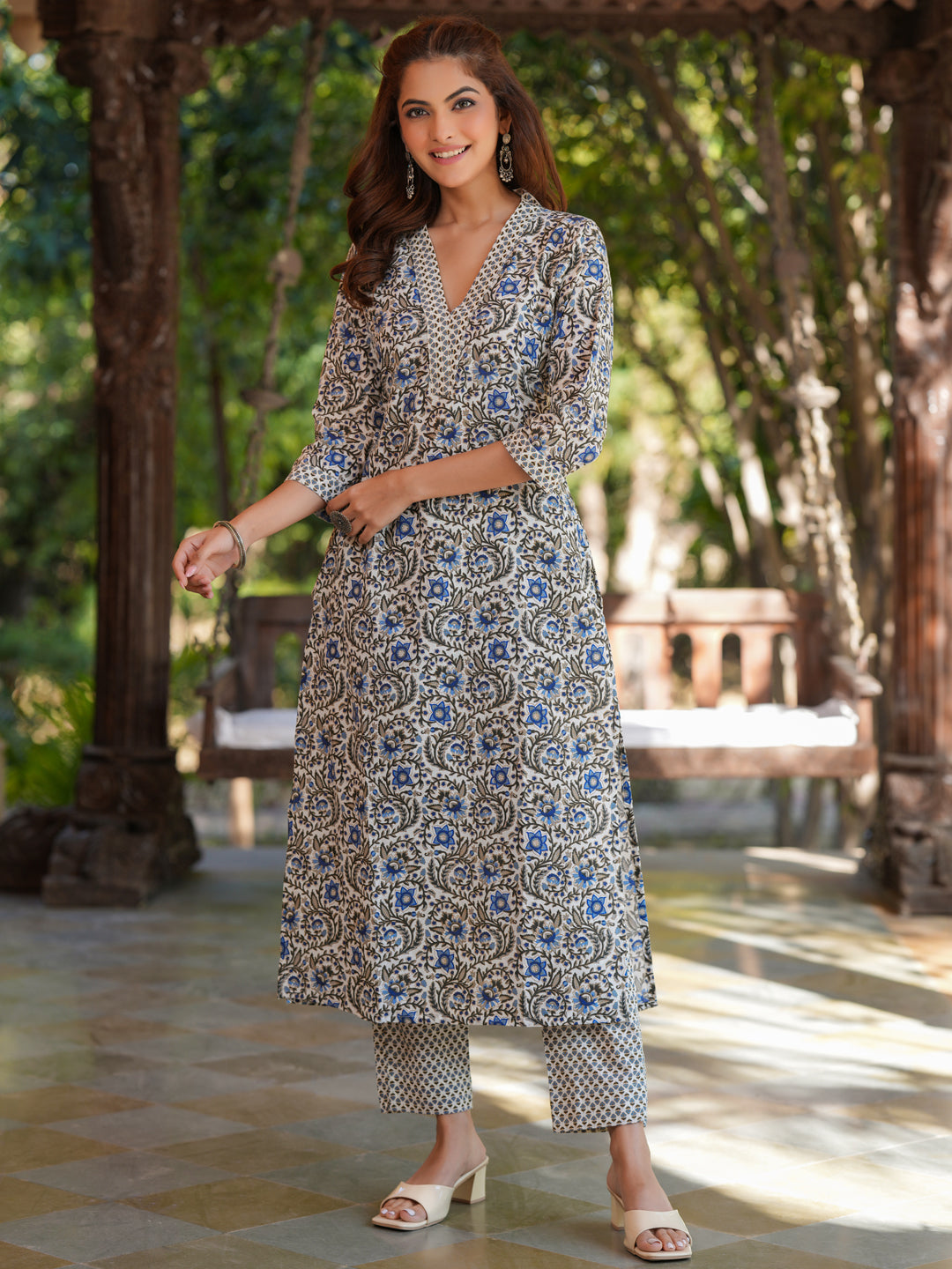 Cream Pure Cotton Floral Printed Straight Kurta Pant Set