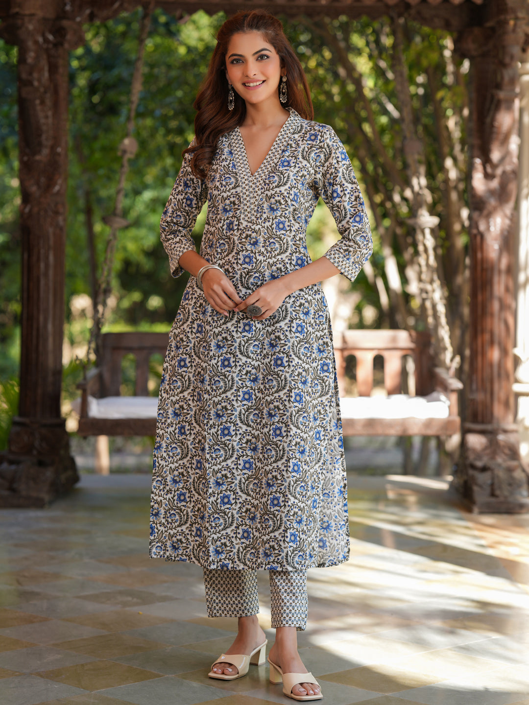 Cream Pure Cotton Floral Printed Straight Kurta Pant Set