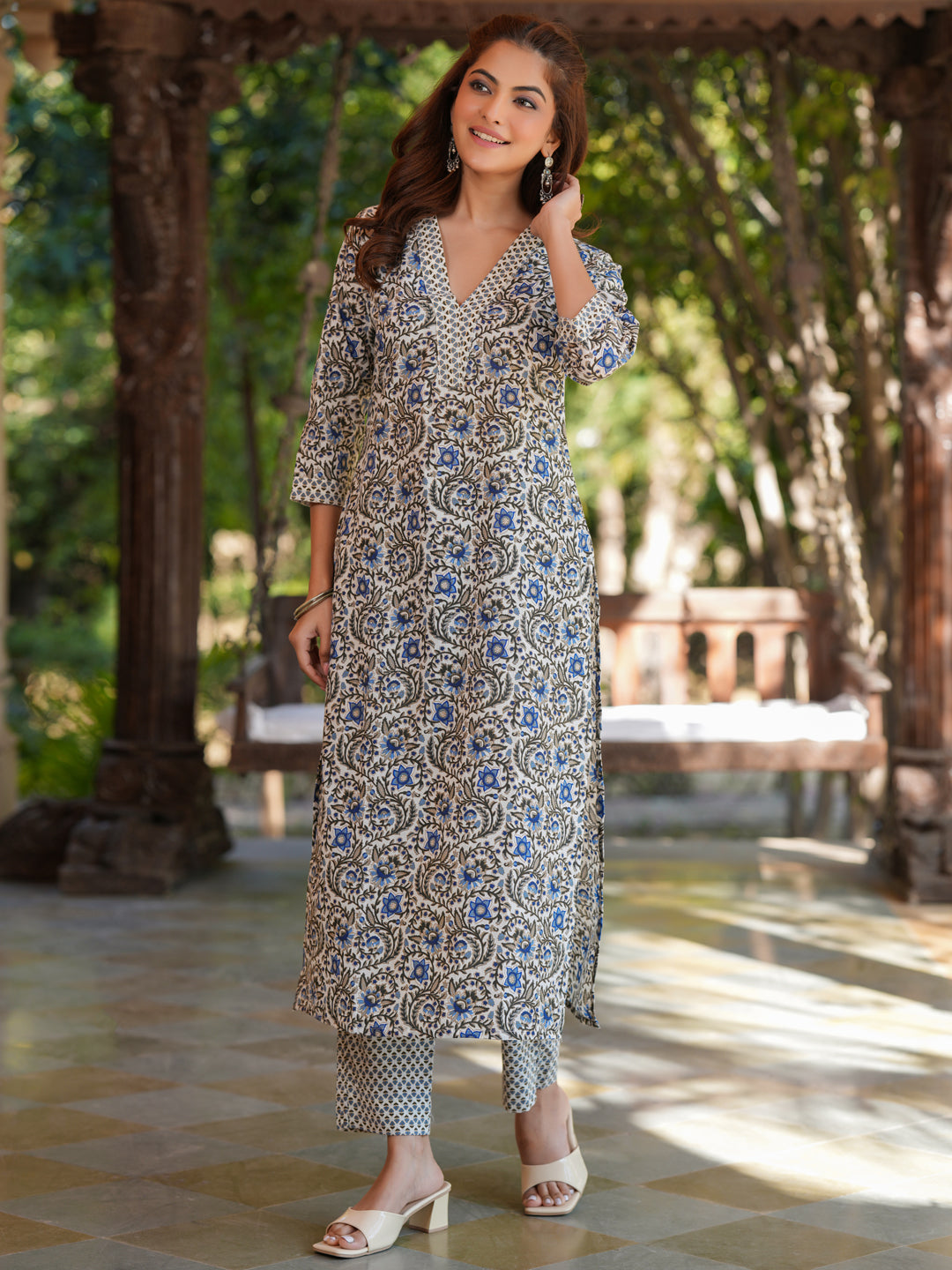 Cream Pure Cotton Floral Printed Straight Kurta Pant Set