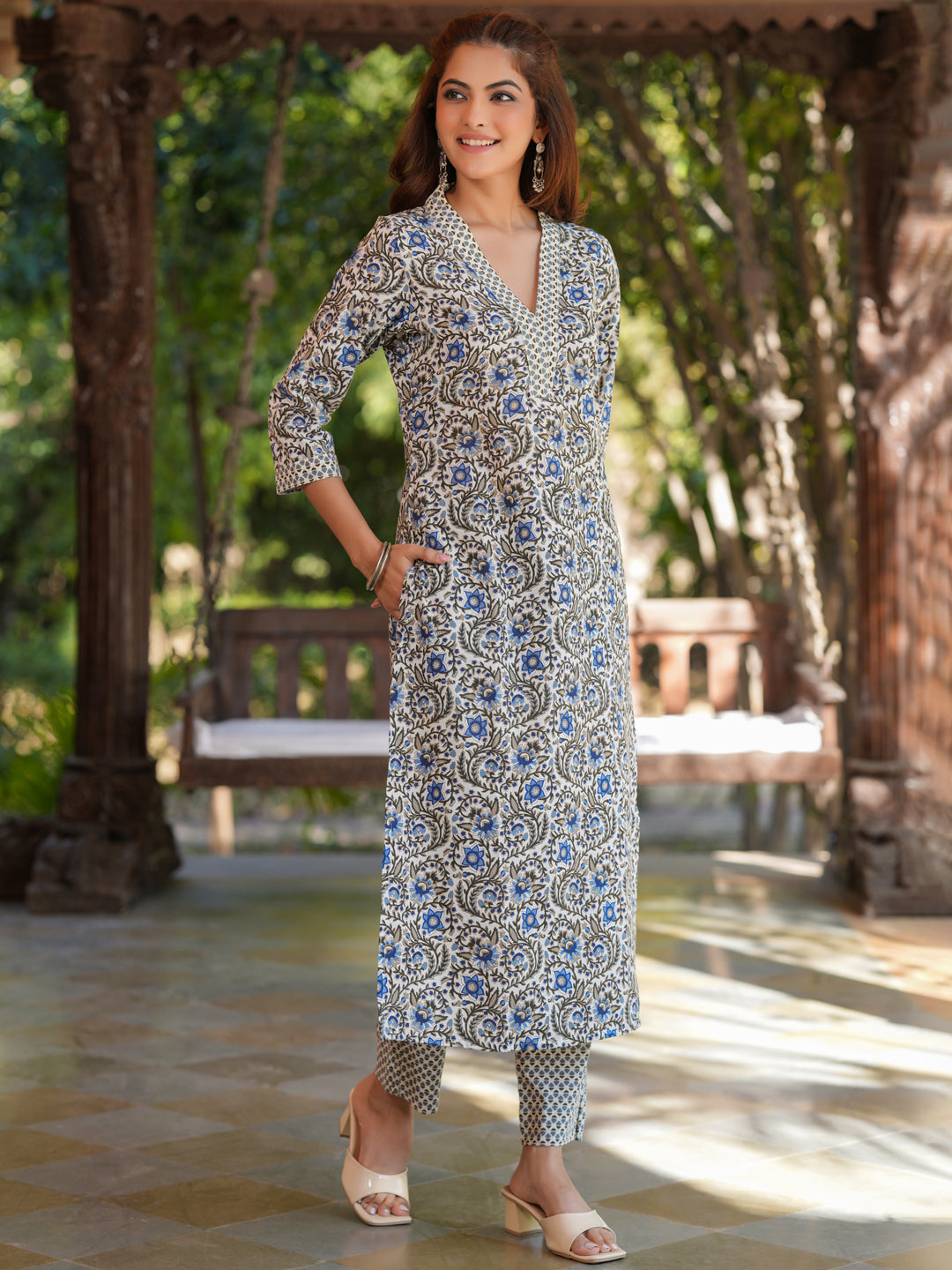 Cream Pure Cotton Floral Printed Straight Kurta Pant Set