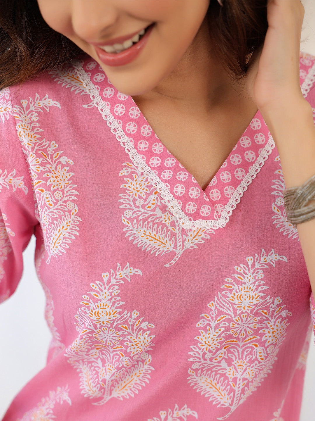 Light Pink Pure Cotton Ethnic Motifs Printed Straight Kurta Pant Set