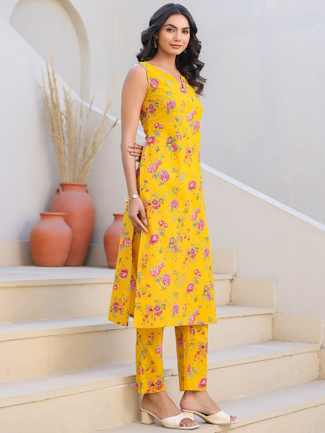 Yellow Pure Cotton Floral Printed Straight Kurta Pant Set