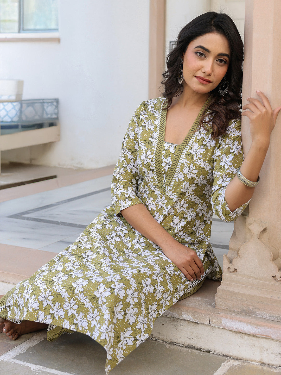 Olive Pure Cotton Floral Printed Straight Kurta Pant Set