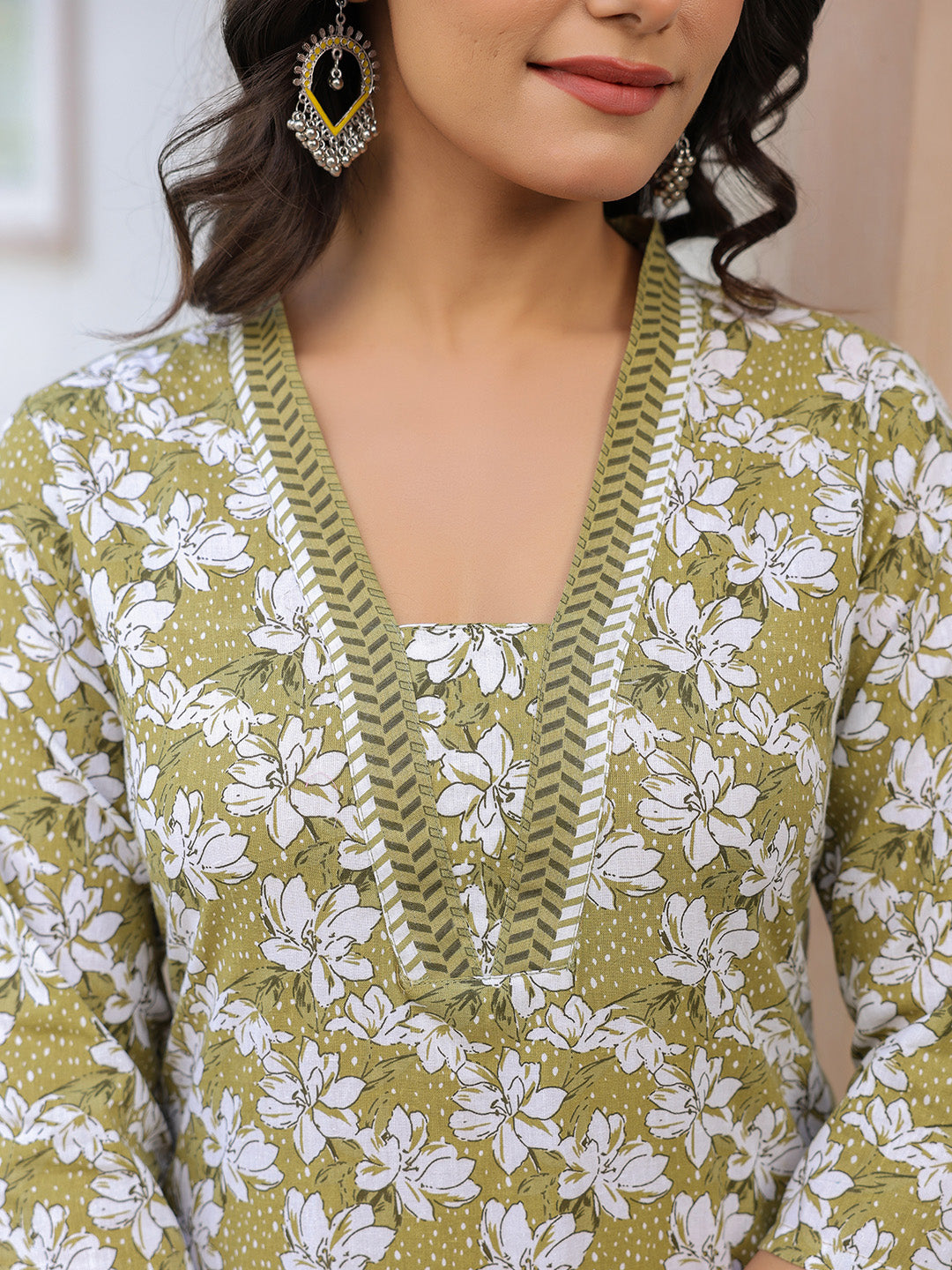 Olive Pure Cotton Floral Printed Straight Kurta Pant Set