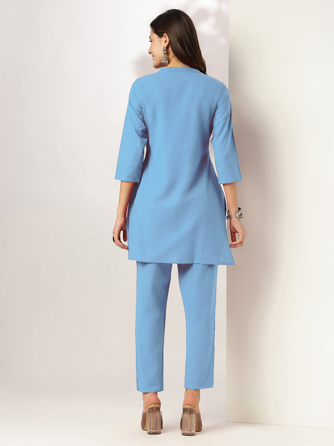 Janasya Women's Light Blue Linen Cotton Solid A-line Co-ord Set