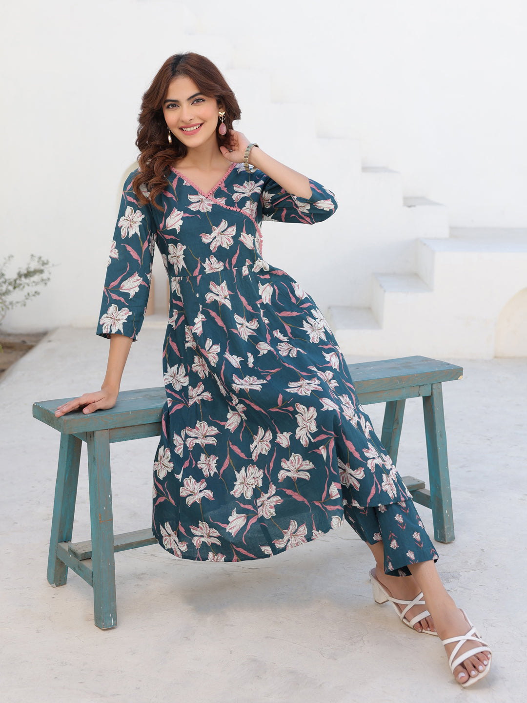 Janasya Women's Teal Blue Pure Cotton Floral Printted A-line Kurta Pant Set
