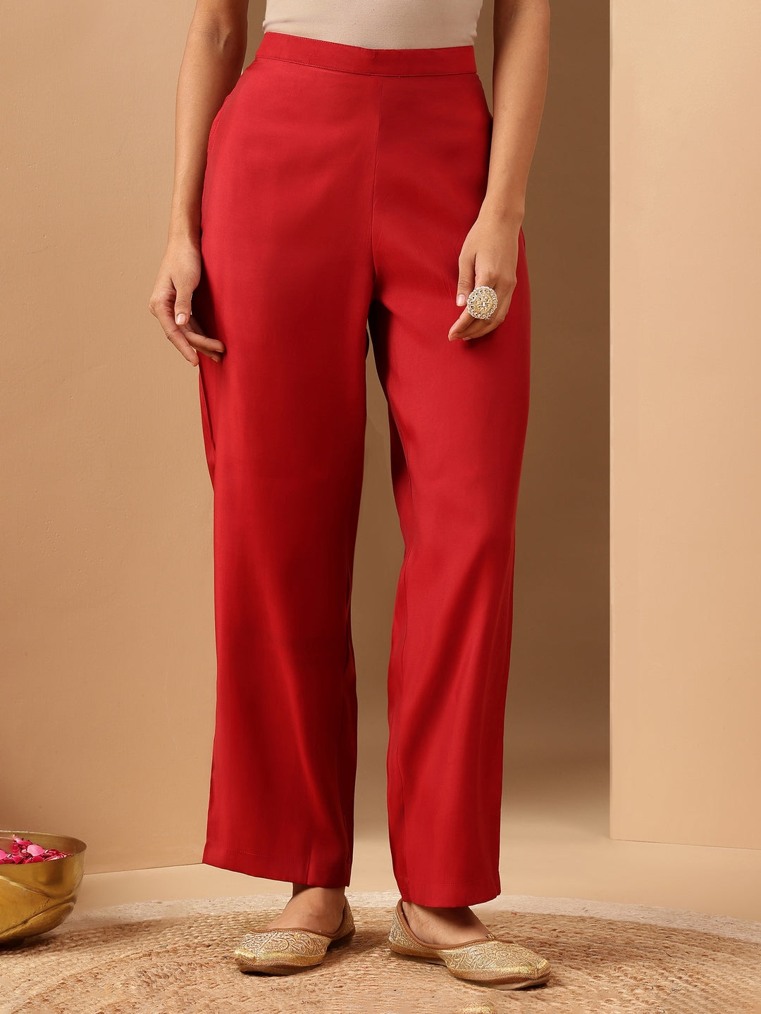 Janasya Women's Red Chanderi Silk Zari Embroidered Straight Kurta Pant Set