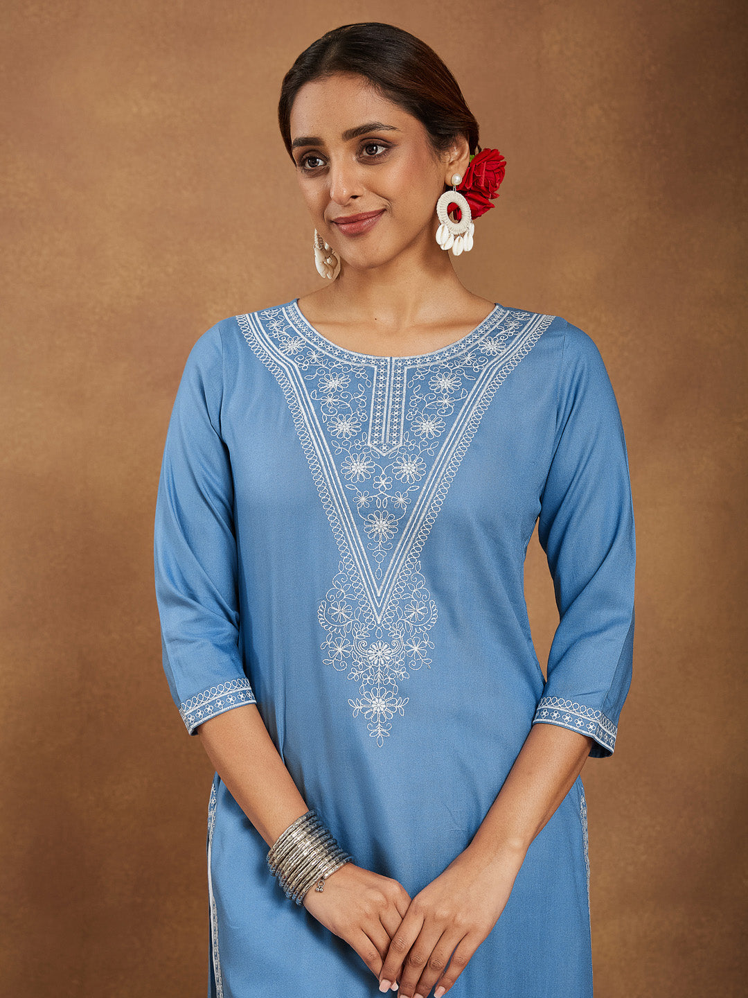 Janasya Women's Sky Blue Rayon Embroidered Straight Kurta