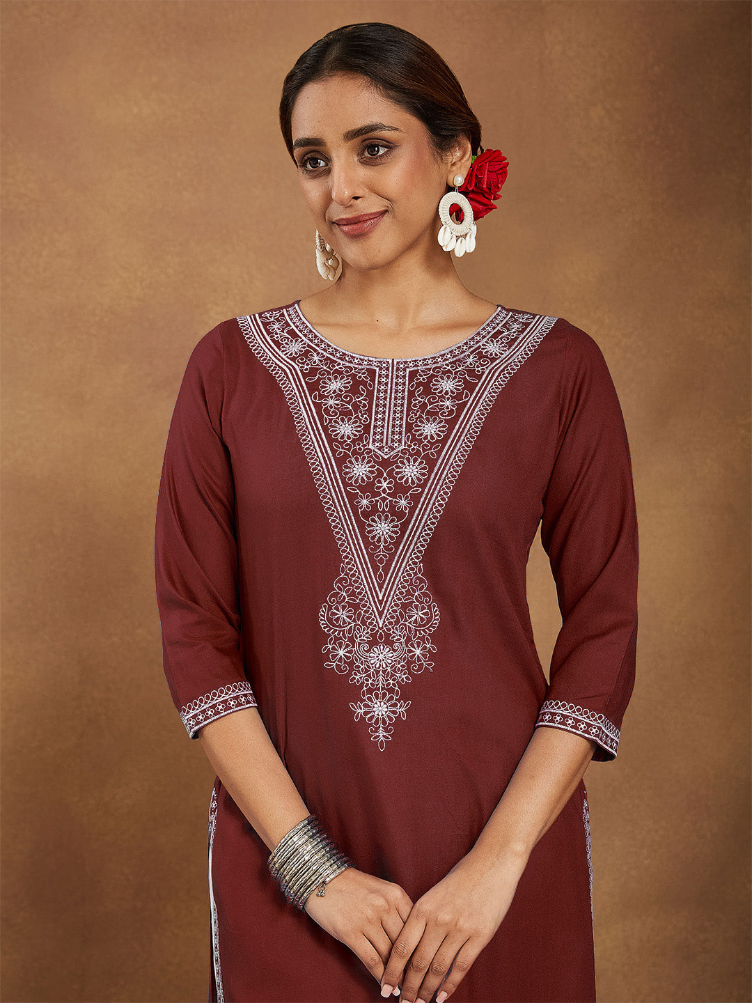 Janasya Women's Maroon Rayon Embroidered Straight Kurta
