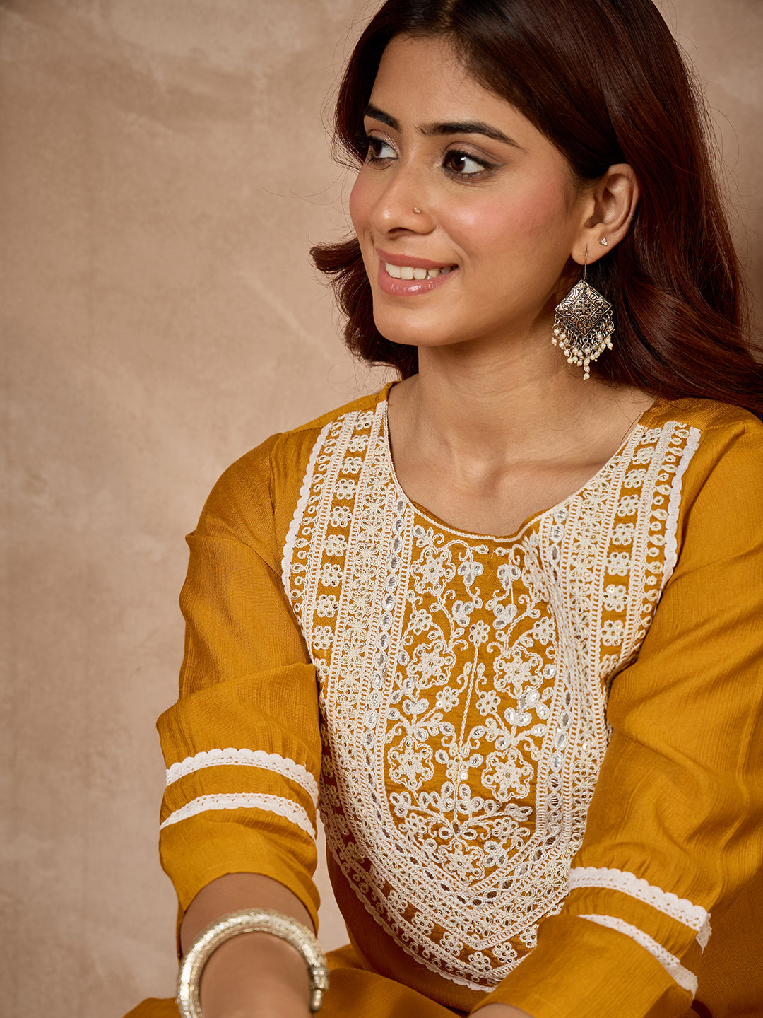 Janasya Women's Mustard Silk Blend Embroidered Straight Kurta