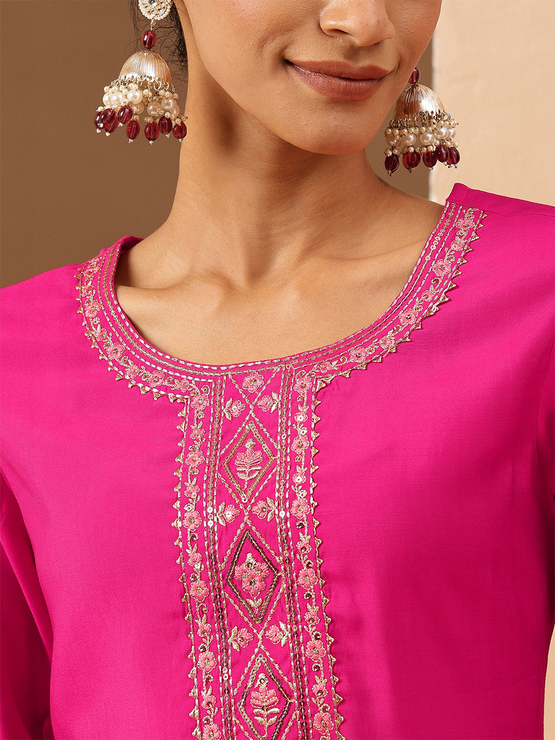 Janasya Women's Pink Chanderi Silk Yoke Embroidery Straight Kurta